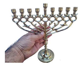 Hanukkah Hamukkia Grenades menorah 11" Inch (27cm) Hauteur 9 Branches Laiton Cuivre