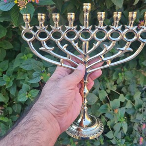 Brass Pomegranate Hanukkah Menorah | 11&quot; 9 Branch Chanukiah | Jewish Home Decor | Judaica Gift for Hanukkah