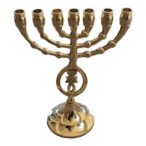 Brass 7-Branch Menorah with Star of David | Classic Temple Menorah | Judaica Home Decor from Israel | 6.5" Tall