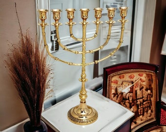 Menorah Brass Big 7 Tempel Israël Tak Goud Zeven Takken Menora 14" Inches Hoogte Koperen Olielamp