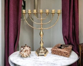 XL Jerusalem Temple Menorah Seven Branch Menorah 17" Inch - 44 Cm Made Of Brass Copper Authentic Design