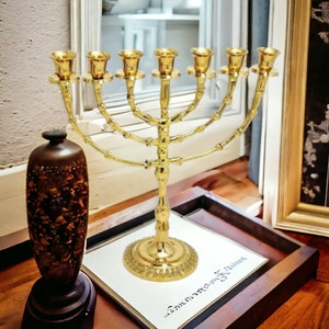 Classic 7 Seven Branches Brass Menorah Menora Candle Holder - 11" (28cm) Height Tall - Temple Inspired Design From Israel