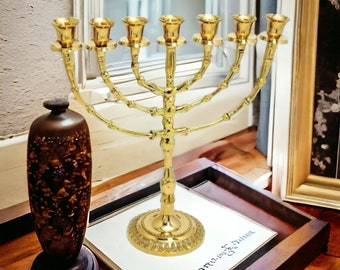 Menorah 7  branch gold Seven Branches Menora candle holder modern 11 inches height brass copper From Israel