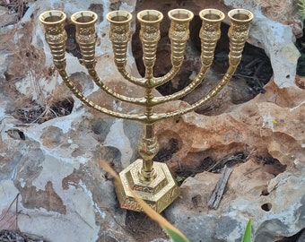 Menorah Candle Holder 7 Branch Yeshua Menora Brass Copper From Israel Height 12 " Gold color