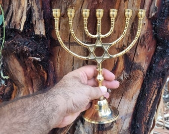 Menorah Candle Holder 7 Branch Yeshua Menora With Star Of David Brass Copper From Israel Height 8.6 Gold Color