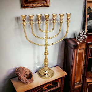 Elegant 7 Seven - Branch Menorah 14" - Brass Temple Menorah Traditional Jewish Candelabra | Home Judaica Decor | Shabbat Candle Holder