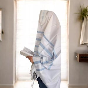 100% Wool Tallit | Kosher Jewish Prayer Shawl with Light Blue Stripes , Tzitzit | Bar Mitzvah Gift & Judaica