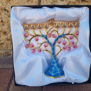 Vibrant Blue Pink Hanukkah Menorah Tree of Life | Artistic Jewish Art Gift | Judaica Home Decor Chanukah Lamp Unique Hanukiah