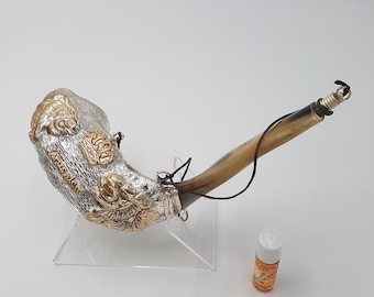 Silver Plated Ram Horn Shofar: Lion of Judah, Jerusalem, Anointing Oil + Stand