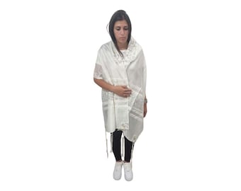 May include: A white prayer shawl with intricate embroidery and tassels. The shawl is made of a soft, lightweight fabric and is ideal for prayer or meditation.