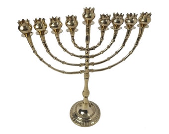 Hanukkah Hamukkia menorah 16" Inch (40cm)  Height 9 Branches Pomegranates Brass copper For Oil Glasses Or Candles EXPRESS SHIP