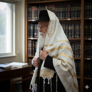 May include: A man wearing a black hat and a white prayer shawl with gold stripes and Hebrew text. The man is standing in a room with bookshelves filled with books.