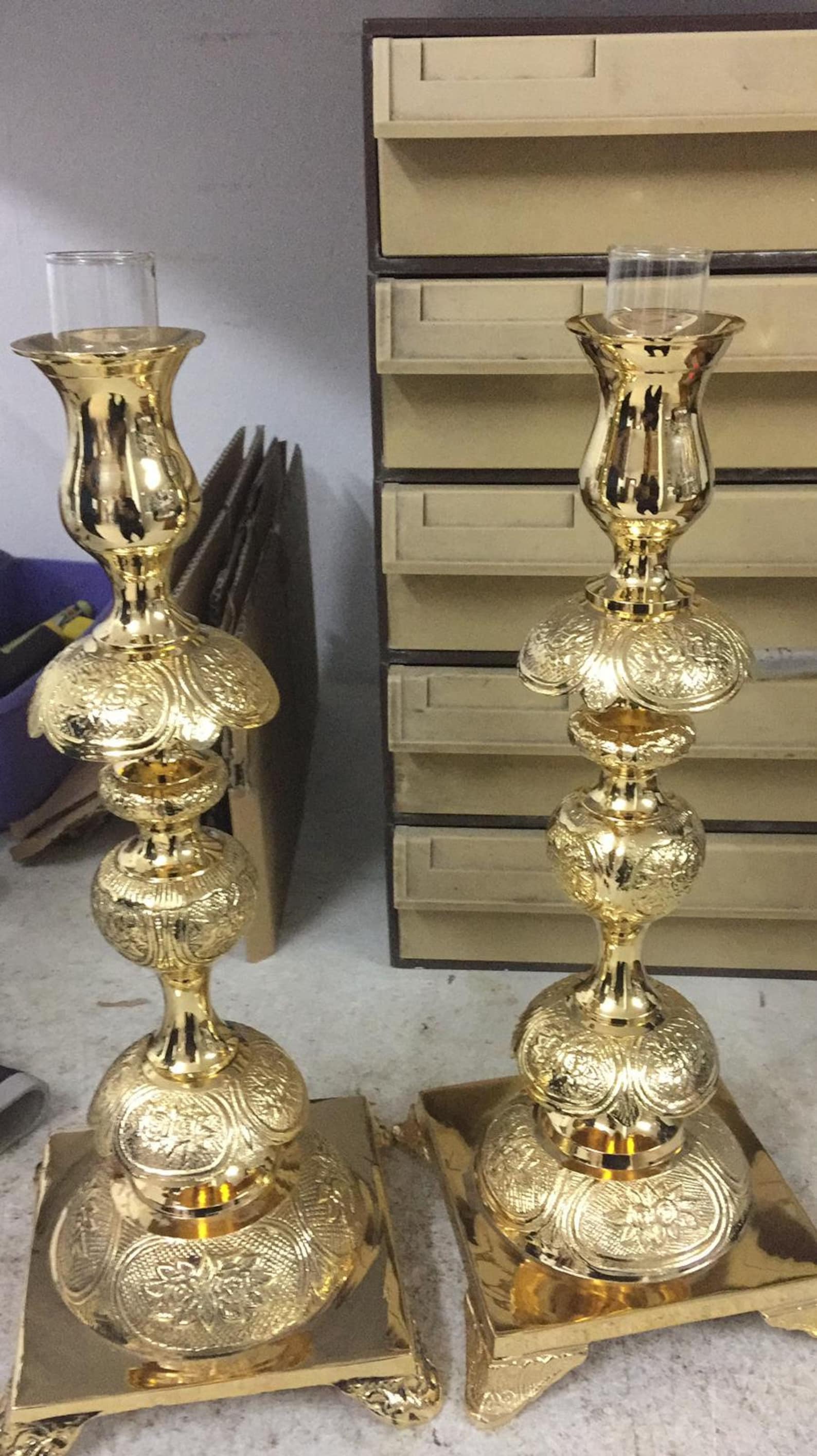 Antique Style Pair of Brass Shabbat Candlesticks Height 36 cm Etsy