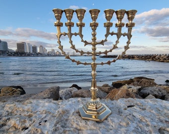 Branche de cuivre messianique en laiton doré Menorah Menora 10" 25cm Israël 7 Bougeoir d'Israël