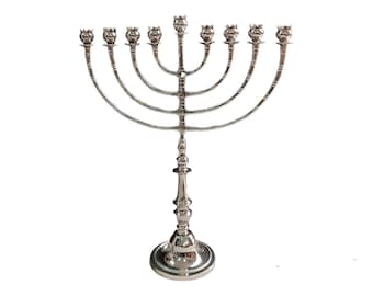 Menorah Hanokia Jcandel holder modern For chanukah Pomegranates 22.5 Inch Height 57cm 9 Branches Brass Nickel plated L silver Color