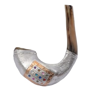 Sterling Silver Plated Ram Horn Shofar - 12 Hoshen Stones Design - Beautiful Sound (12-15&quot;)