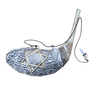 12-14&quot; Messianic Anointing Oil Ram Horn Shofar - Electropolished Silver Plated - Star of David & Menorah