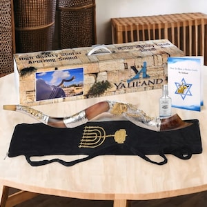 Silver Plated Kudu Shofar Set - 26-32&quot; | &quot;Lion of Judah&quot; Design, Bag, Guide & Spray | Authentic Israel Gift Box