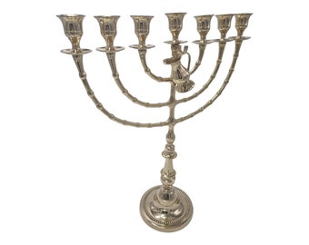 Big Authentic Menorah 7 branch Gold Jerusalem Temple 18.5 Inch Height 47 Cm 7 Branches Brass XXL + Jug Oil Lamp