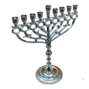 Elegant Nikel Plated Hanukkah Menorah | Pomegranate Design Chanukiah | 9-Branch Jewish Art | Holiday Home Decor | 10&quot; Tall