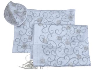 Prayer Shawl Tallit For Women 100% Kosher Embroidered With Flowers Include Matching Bag & Kippa