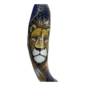 Majestic 34&quot; Kudu Shofar - Hand-Painted Lion of Judah Art from Israel | Kosher Optional | Judaica Home Decor with Stand