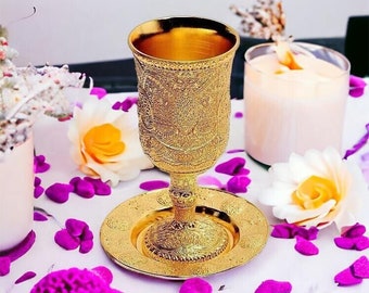 Engraved Gold Kiddush Cup and Plate Set: Ornate Judaica Art