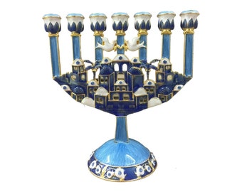 Menorah Jerusalem Enamel pewter 6.5 Inch Height 17Cm 7 Branches candle holder