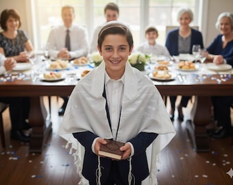 Op de afbeelding: Een jonge persoon met een witte gebedssjaal en keppeltje glimlacht, terwijl hij een boek vasthoudt. Ze dragen een donker pak en een wit overhemd. Op de achtergrond zit een familie aan een tafel, gedekt voor een maaltijd.
