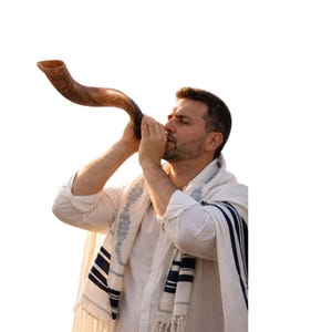 May include: A man blowing a brown shofar, a ram's horn, with a white background. He is wearing a white shirt and a white and blue tallit, a Jewish prayer shawl. The shofar is held up to his mouth.
