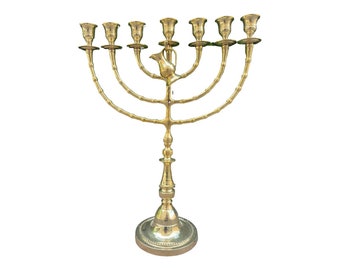 XXL Big Jerusalem Temple Menorah 7 Branch Menora Made Of Brass Copper Gold Beautiful Candle Holder 18.5 Inch Height 47 Cm + JUG Oil Lamp