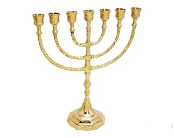Menorah 7 Zeven tak gouden Takken Menora kandelaar modern 30 cm hoogte messing koper Uit Israël