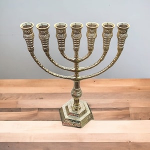 Menorah Candle Holder 7 Branch Yeshua Menora Brass Copper From Israel Height 12 " Gold color