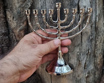 menorah Hanukkah Hamukkia menora 6.5" Inch Height 9 branch Branches Brass copper Nickel plated silver color