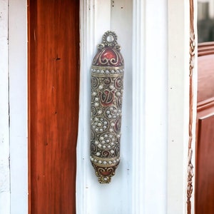 Handwritten Kosher Mezuzah Scroll with Red Enamel & Pearl Case - Authentic Judaica Gift for New Home, Housewarming