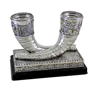 Amazing Polyresin Candlestick Silvered Silver Plated SHABBAT CANDLE HOLDERS Jerusalem 2 shofars Gift From Israel