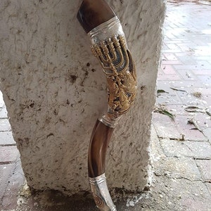 Lion of Judah Kudu Shofar | Silver Plated Menorah Horn | Handmade in Israel | 24&quot; Curved Length | Liamcenter