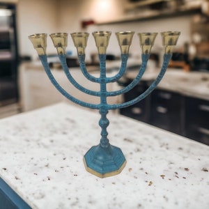 Unique Blue Patina Brass Menorah | 7-Branch Temple Menorah from Israel | Rustic Judaica Home Decor | Holy Land Art Gift | 9.5" Tall