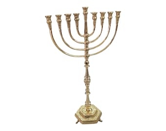 Menorah Hanokia Jcandel holder modern  For chanukah jerusalem Temple 33 Inch Height 85 cm 9 Branches Brass XL Gold Color