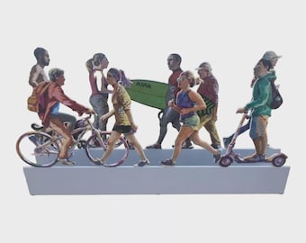 May include: A colorful painting of a group of people walking on a sidewalk. The people are all wearing different clothes and carrying different items, including a bicycle, a surfboard, and a scooter. The painting is done in a realistic style and captures the energy of a busy city street.