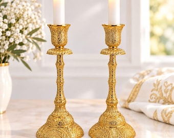 Filigree Brass Shabbat Candlesticks Set, Taper & Oil Cup Holders (Set of 2)