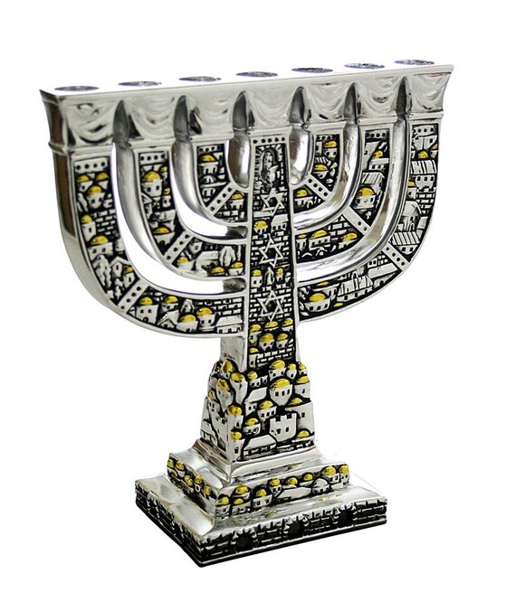 Yaliland Large Authentic Menorah in Silver Plated with 12 Signs from Jerusalem 14 Inch Heigh