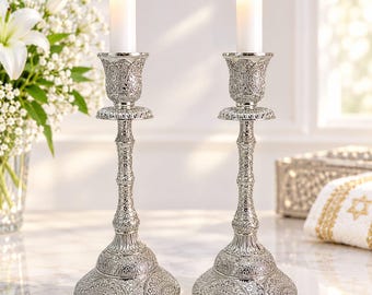 Filigree Shabbat Candlesticks Set of 2, Brass Metal Holders for Taper Candles & Oil Cups