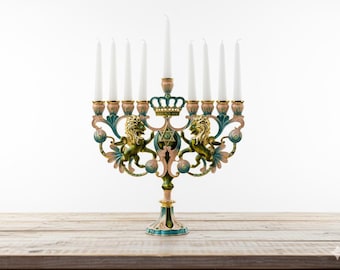 Menorah Lion of Judah Hanukkah Enamel Decorated 9 Branch Candel Chanukiah