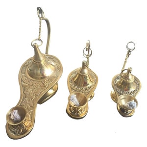 Set of 3 Hand-Engraved Brass Aladdin Oil Lamps, Jerusalem Engraved Genie Lamps, Decorative Home Decor, Unique Gift from Israel