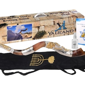 Deluxe Lion of Judah Kudu Shofar Set (26-32&quot;) - Silver & Gold Plated - Includes FREE Carry Bag, Case, Spray Guide - Authentic Israel Made