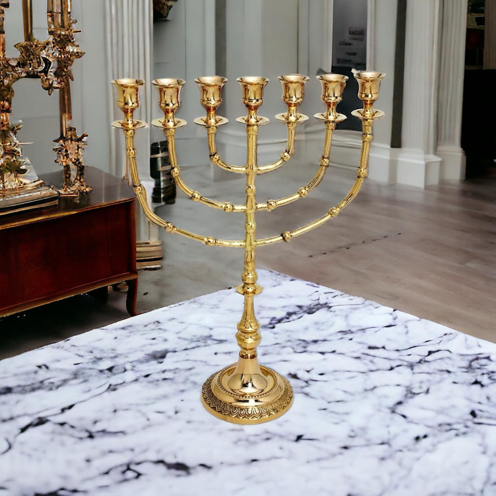 メノーラー真鍮寺院伝統的なユダヤ教の燭台、14インチ家庭用ユダヤ教