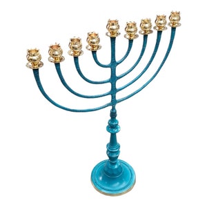 Menorah Hanokia Jcandel holder modern For chanukah Pomegranates 22.5 Inch Height 57cm 9 Branches Brass patina plated L blue Color