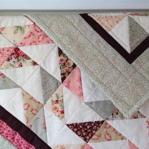Victorian Style Fabric Baby Girl Quilt, Table Topper Quilt Classic Treasure  Quilt Pink Green Brown Cream RosesFlowers, Double Sided Quilt#9