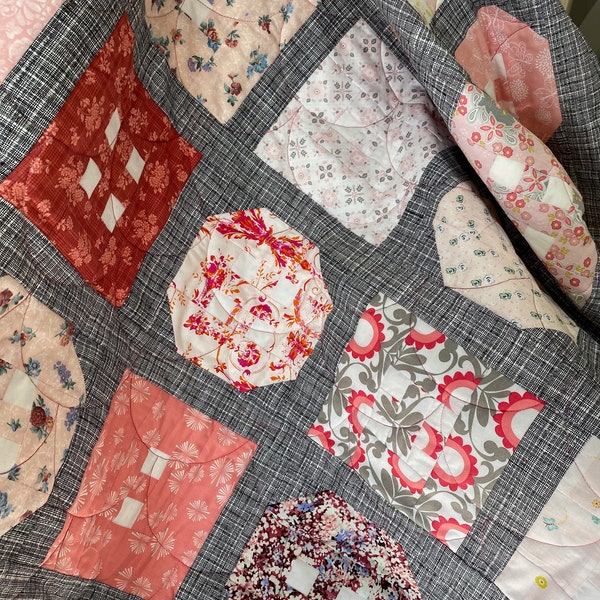 Ladies Lap Quilt, Variations of Flower Species in Shades Pink, Black and White, Flowers. #101